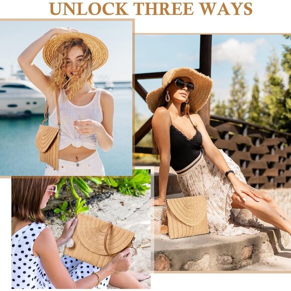 Women Straw Crossbody Bag Rattan Purse Beach Holiday Accessories Set - Picture 6 of 7